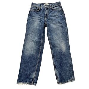 Zara Jeans Womens 8 Blue Medium Wash Straight Leg Distressed Raw Hem Zip Fly‎
